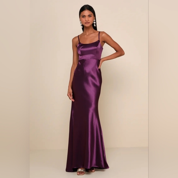 Lulus Make You Shine Dark Purple Satin Mermaid Maxi Dress XS Wedding Party Prom - Picture 2 of 11